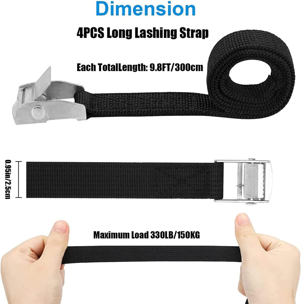 Tie down Straps, 4PK 9.8Ft X 0.98In(300X2.5Cm) Lashing Strap Cam Buckle Straps Adjustable Retaining Ratchet Straps for Vans, Bicycle, Trailer, Motorcycle, SUP, Kayak, Surfboard, Luggage