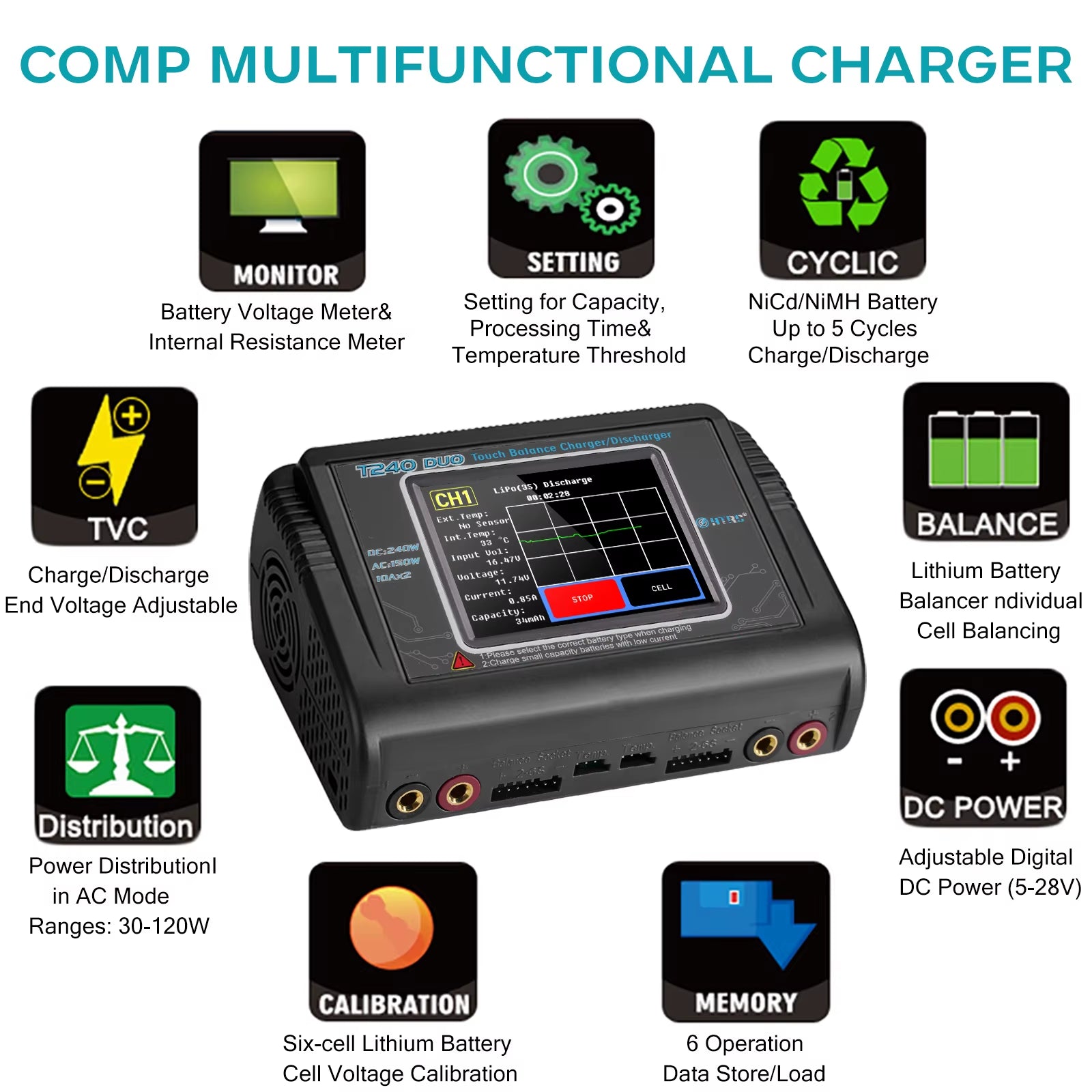 T240 High Power Battery Charger AC150W DC 240W 10A Dual Channel Touch Screen Lipo Balance Chargers Discharger for RC Models