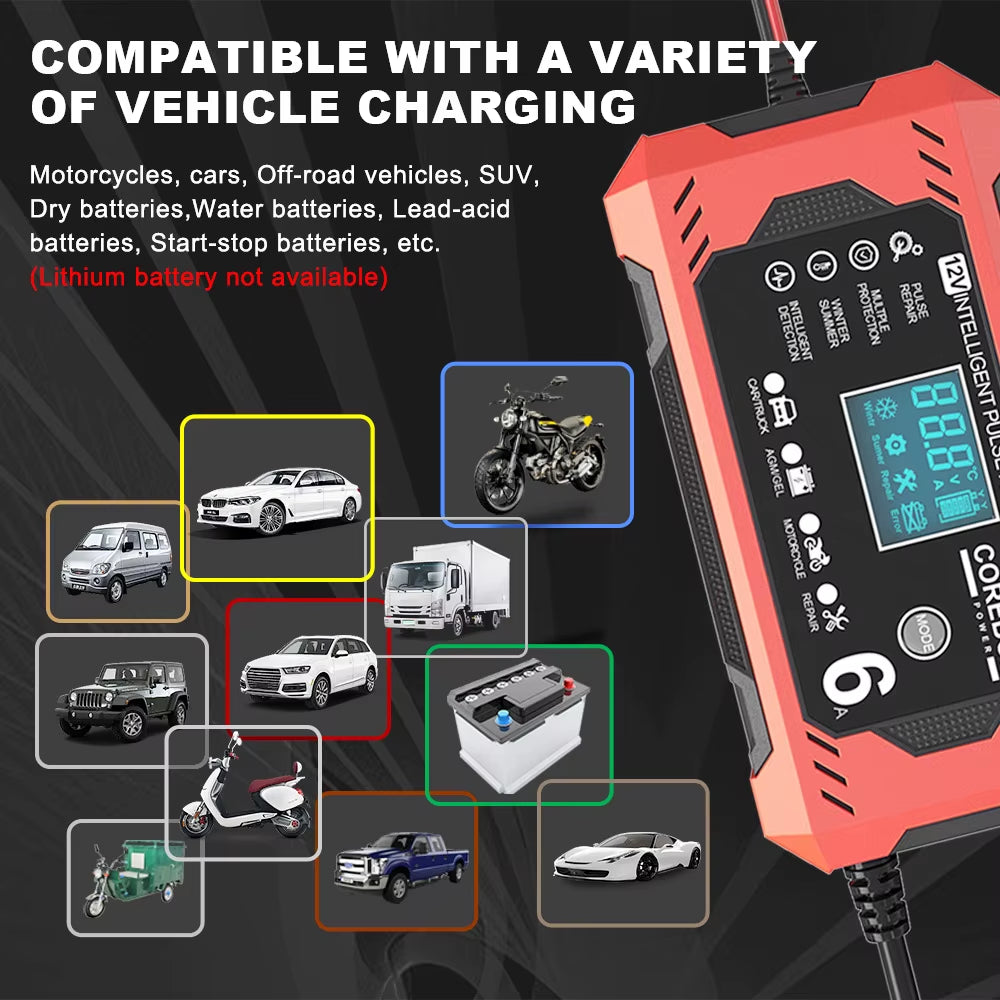 Pulse Repair Battery Charging Smart Car Battery Charger Multifunctional for Motorcycle SUV Truck 12V/6A Intelligent High Power