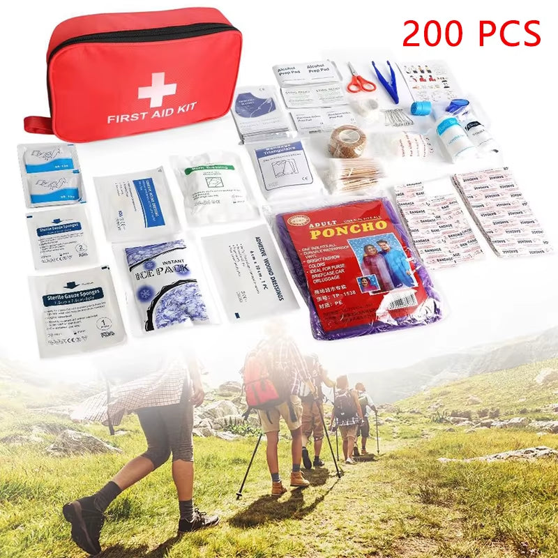 200Pcs First Aid Kit Bag All Purpose Emergency Survival Home Car Office College Dorm Room Travel Camping Outdoor Essential Medic
