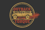 “Logo for a 4WD and off-road accessories store called ‘Outback Torque’. Rugged and adventurous design, featuring a muddy, dirt-splattered 4WD vehicle or tire tracks. Earthy tones with red dirt, ochre, and dusty brown to reflect the Australian outback. Bold, strong typography for the store name, slightly distressed texture to look weathered and tough. Clean vector-style for web and print, minimal background, conveys adventure, durability, and off-road lifestyle.” make the background dark gray